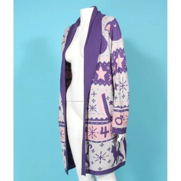 Sailor Moon Luna TORRID Fairisle Open Cardigan Sz 1 Pockets Pink/Grey/Purple 062 - Picture 3 of 5